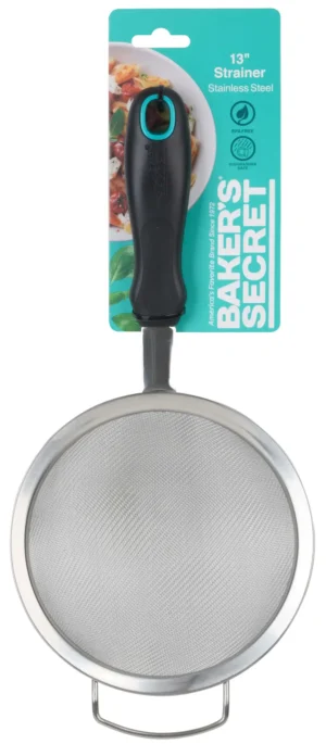Stainless Steel Strainer Spoon, Black Plastic Handle, Hanging Hook, 33 Cm, From Baker'S Secret
